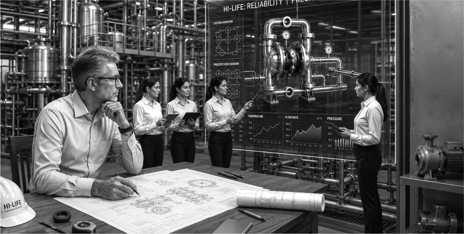 Hi-Life engineering team reviewing AODD pump process flow diagram